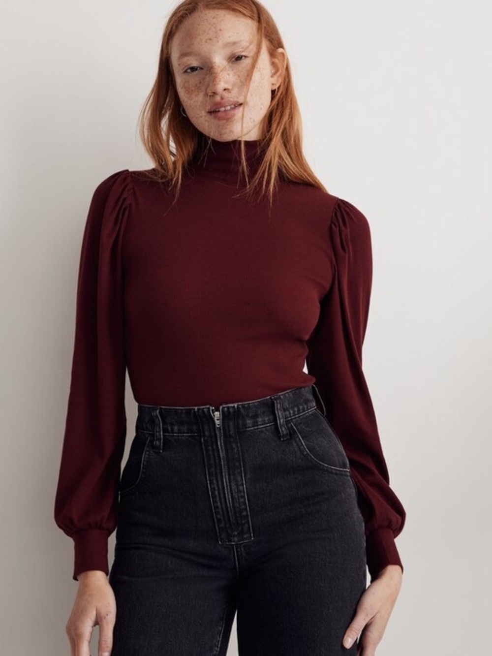 Madewell Ribbed Puff-Sleeve Turtleneck Bodysuit Cabernet Burgundy Medium